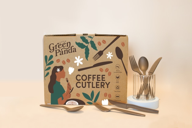 Home compostable cutlery from Little Green Panda, made from agricultural by-products.