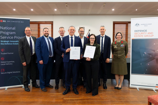 JLL’s Martin Hinge, John Parker, Alan McKay, Nathan Taylor, Geoff Camp, First Assistant Secretary, Service Delivery Lee-anne Monterosso, Scott McCrossin and BRIG Gabrielle Follett AM.

Credit: JLL