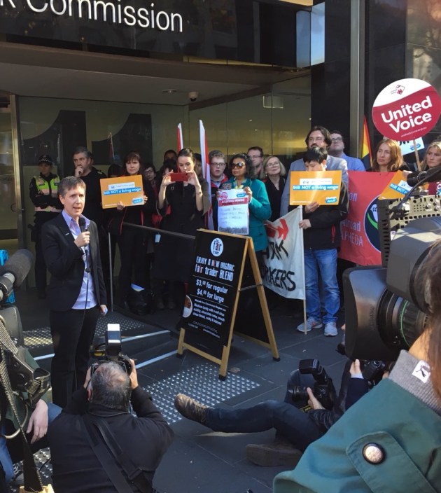 "We have to change the rules": Sally McManus, ACTU secretary, speaks outside the Fair Work Commission today. (<a href="https://twitter.com/unionsaustralia/status/1002363448682995712">Source: Twitter</a>)