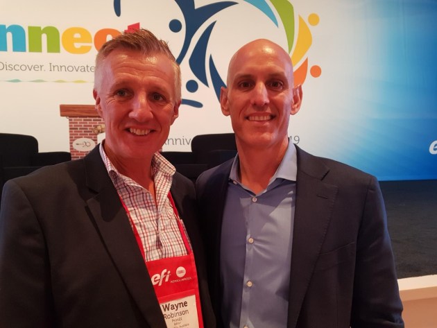 Innovate and execute: EFI tells Connect audience it will deliver, pictured is new CEO Bill Muir (right) with Print21 editor Wayne Robinson