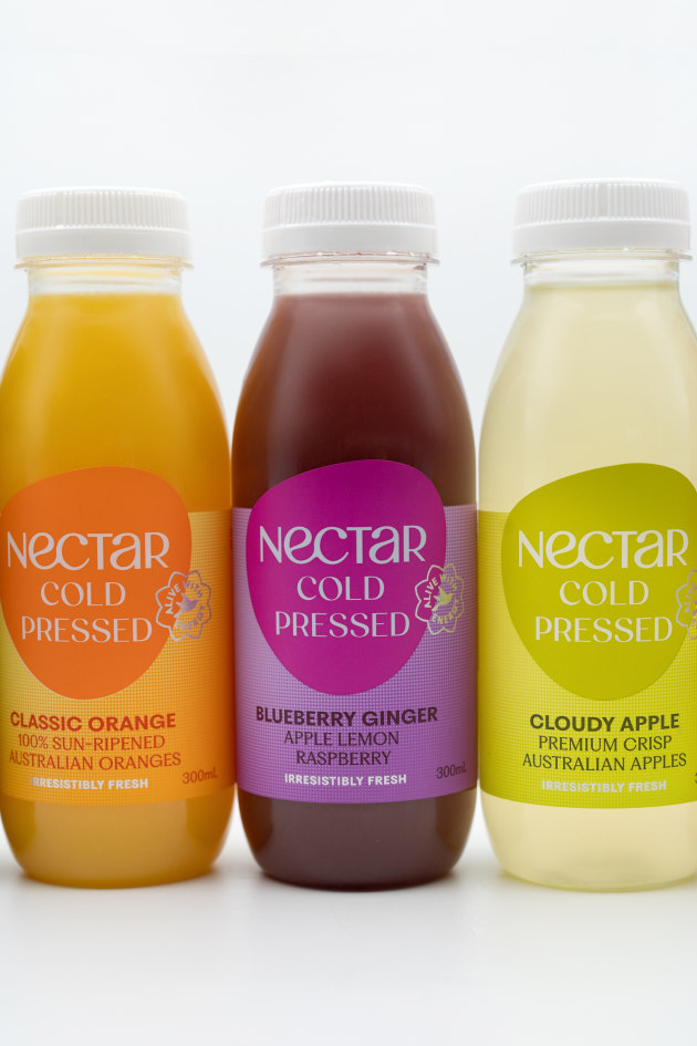 Nectar Cold Pressed juices, featuring the refreshed brand identity and updated packaging design.