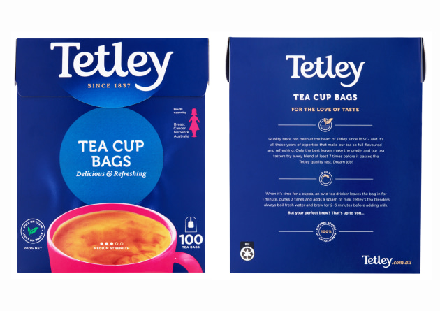 Tea brand Tetley has released a limited-edition 'pink' pack of its Tea Cup 100s as part of the Uncomfortable Cup campaign, created with Breast Cancer Network Australia (BCNA). For every pack sold, Tetley will donate 5 cents to BCNA.
Source: Tetley