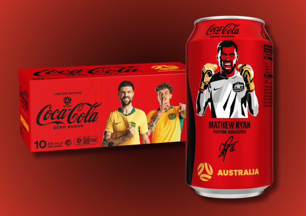 Coca-Cola is rolling out limited-edition 10-pack cans featuring CommBank Socceroos players as part of a new partnership with Football Australia.
Source: Coca-Cola
