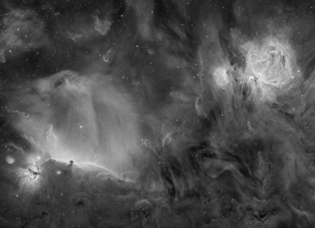 ZWO Young Astronomy Photographer of the Year. Winner, Orion, the Horsehead and the Flame in H-alpha © Daniele Borsari (Italy).
This image was captured with an H-alpha filter to make a monochrome image highlighting the emission nebulae. 
On the lower left lies the Horsehead Nebula, also known as Barnard 33. This dense dark cloud of gases hides the light coming from the emission nebula IC 434 and creates the apparent shape of a horse’s head. 
A little to the left we find the Flame Nebula, NGC 2024. The star responsible for the illumination of this nebula, IRS2, is located behind dust and gases and is therefore not visible in the optical spectrum.