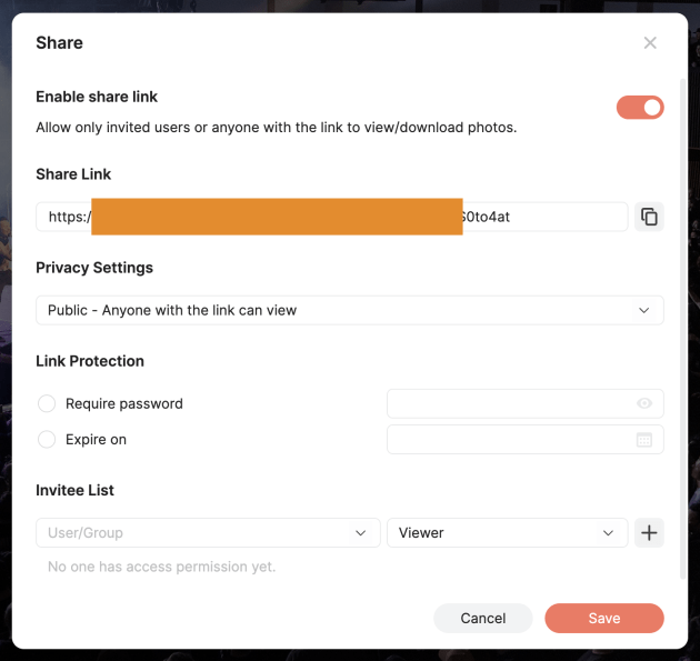 Within Synology Photos App, you can share via sending a link, and can also add password protection. Image: Tim Levy