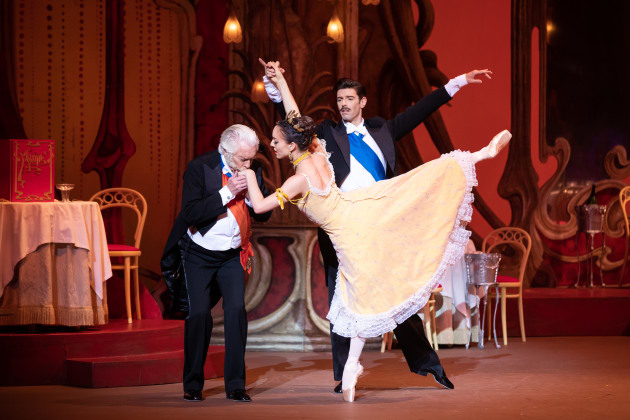 Colin Peasley as the Baron, Leanne Stojmenov as Valencienne and Andrew Killian as Camille. Photo: Daniel Boud