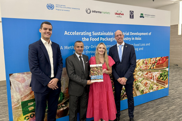 From left: Ali Badarneh (UNIDO) second from left, with authors Aleksa Mirkovic (left) of UNIDO, Nerida Kelton of WPO (second from right) and Eelke Westra, of Wageningen Uni.