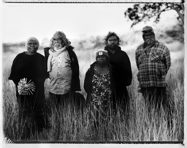 The Taylor family at the Karlamilyi walk, Karlamilyi National Park, Western Australia, 2016. “Come with us (Martu) we’ll walk to stop the uranium mining in our country. We will walk through Karlamilyi, not far, across Karlamilyi river. Walk through Lalapakujarra up to Purnumalarra then to Pulyjalyja – big water, up to Desert Queen Baths and then Kintyre”
Type C print from Polaroid 665. © Tobias Titz.