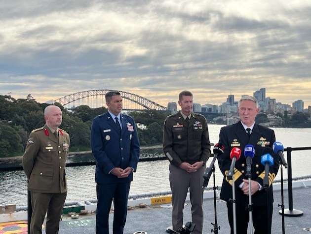 Talisman Sabre leaders (left to right) aboard HMAS Adelaide. Exercise Director Australia, Brigadier Damian Hill; Exercise Director US, Brigadier Richard Goodman; Deputy Commanding General, US Army Pacific, Lieutenant General Joel Vowell; ADF Chief of Joint Operations, Vice Admiral Justin Jones.

Credit: Julian Kerr