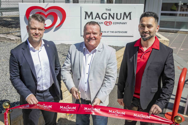 The Magnum Ice Cream Company has unveiled a $30 million upgrade at its Minto plant in Sydney's southwest. L-R: TMICC managing director ANZ, Scott Mingl, Campbelltown Mayor, Darcy Lound, TMICC head of manufacturing ANZ, Waqas Zaheer. (Source: TMICC)