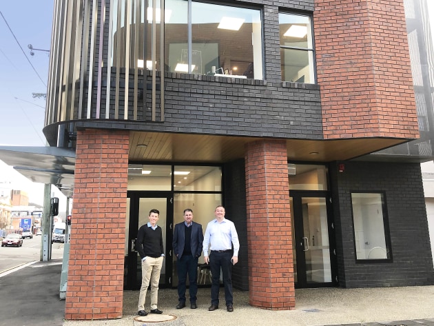 Brandon Miller, Logan Ashmole and Tom Wiley at the newly opened Launceston office.