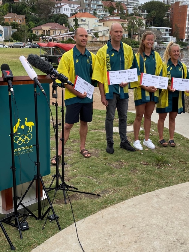 Will and Sam Phillips, Jaime Ryan and Tess Lloyd with their Qantas boarding passes - Di Pearson pic