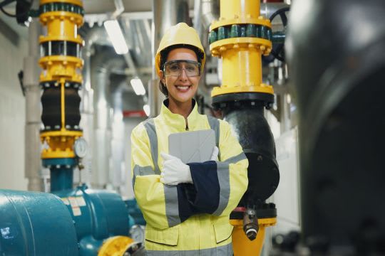 Young woman in chiller plant.