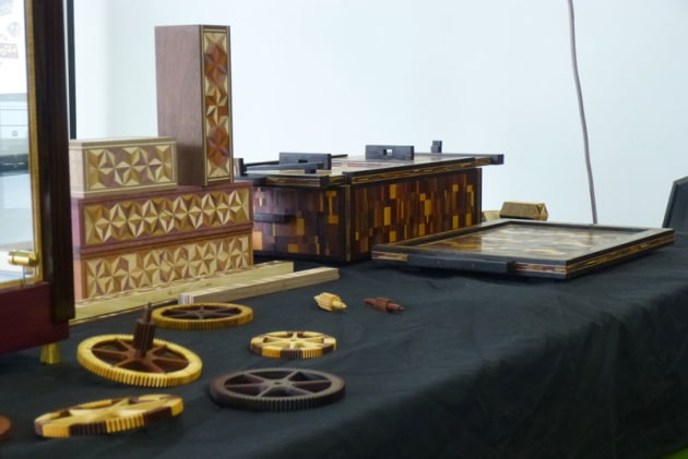 Display of yosegi boxes by Benjamin Reddan and clock parts by Will Matthysen.