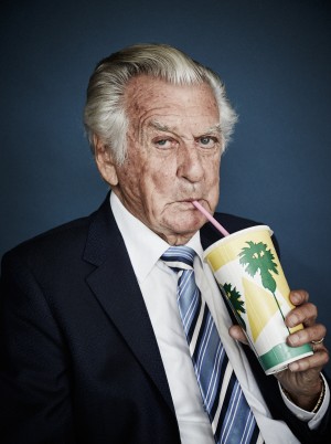 Portrait of Bob Hawke with milkshake bags National Photographic Portrait prize